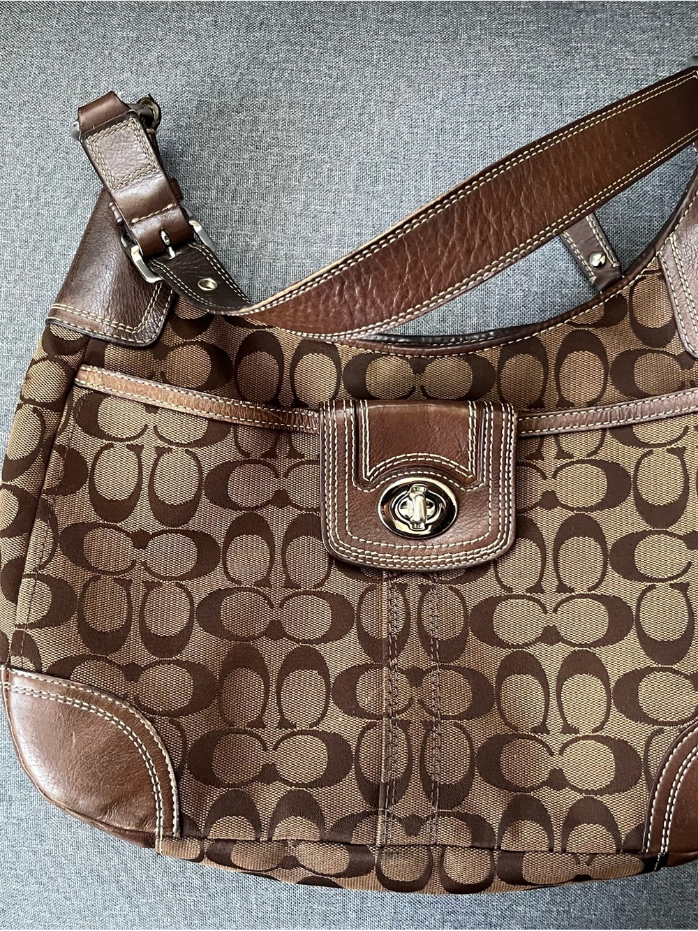 Coach Brown Signature Canvas Turn-Lock Shoulder Bag
